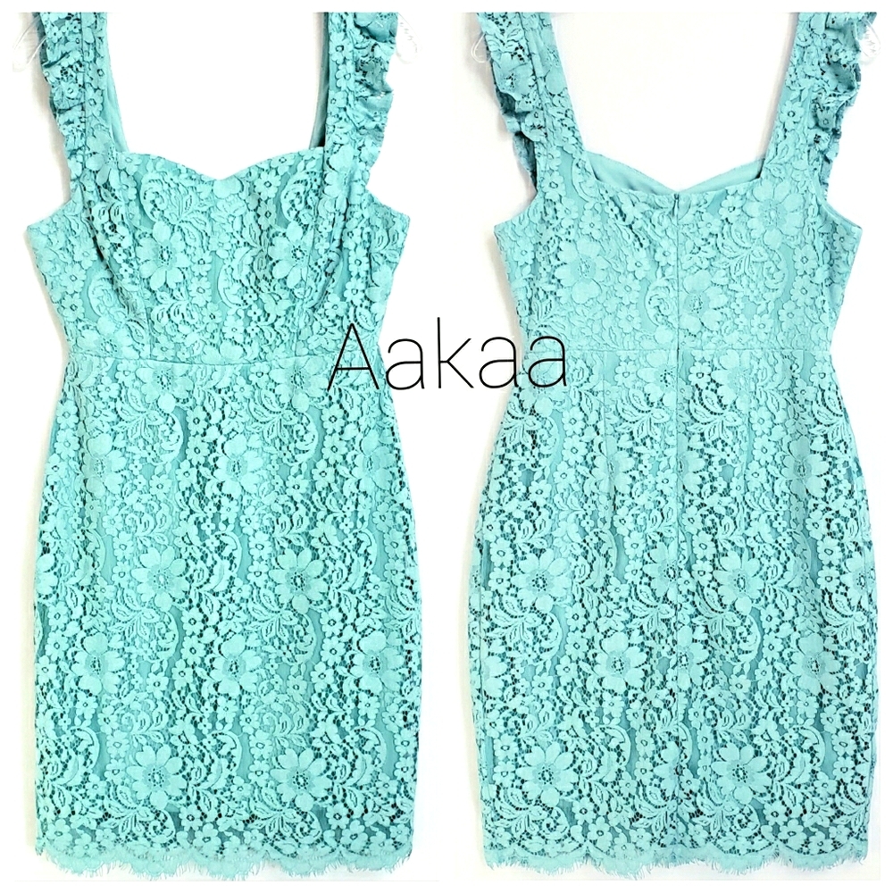Aakaa Boutique Nwt Aqua Blue Lace Floral Ruffle Cap Sleeves Mini Dress